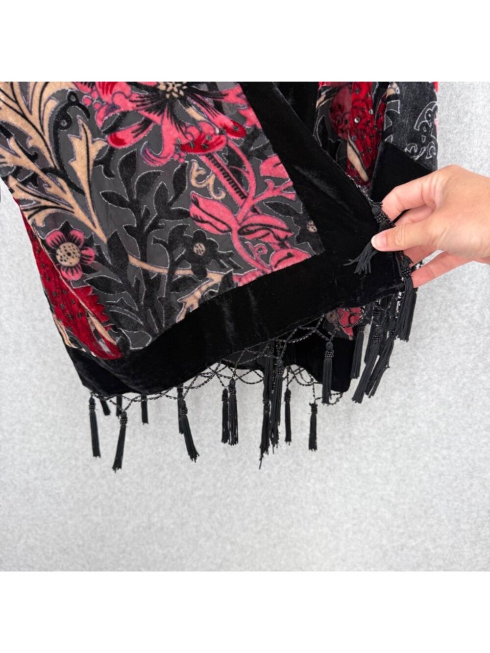 MSK Womens VTG Velvet Burnout Floral Kimono Duster Size L Black Red Whimsy Dark - Picture 3 of 13